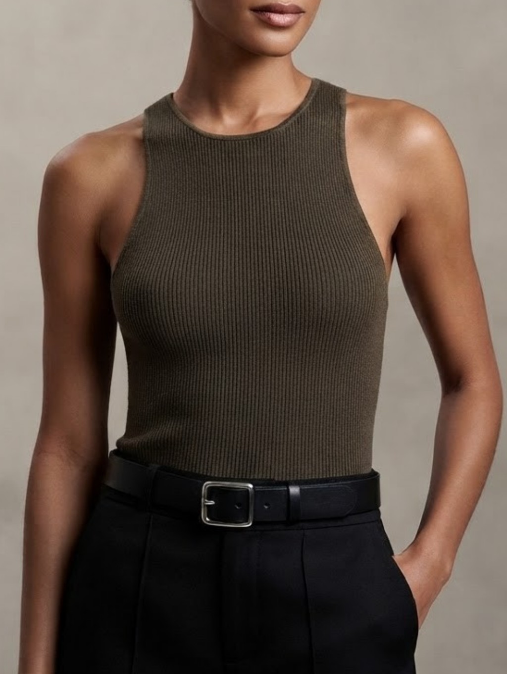 Reformation Ribbed Sleeveless High Neck Tank Top In Brown Size Small